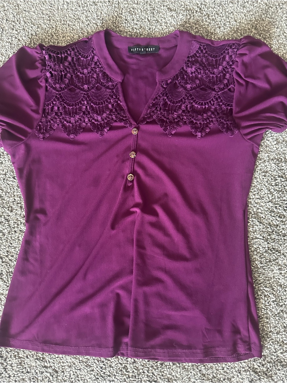Plum Crochet-Yoke Short Sleeve Top-fifty street
